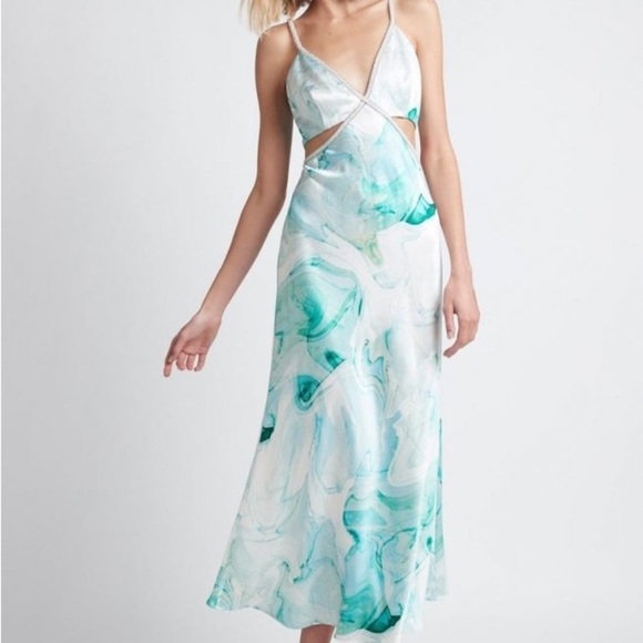 Sheike Dresses & Skirts - Sheike Aquatic Dress Cut Out Details Deep V White Blues Stunning Party Wedding